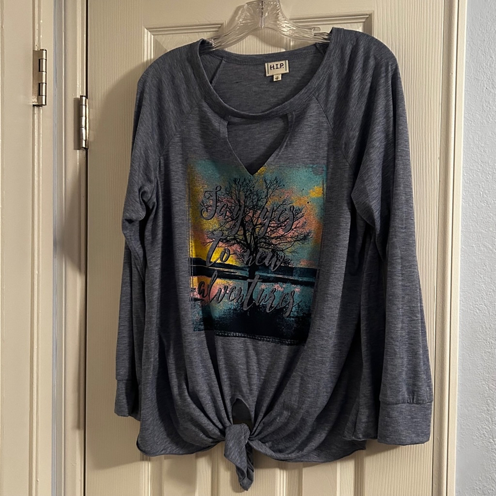 🔵H.I.P. Front Tie Long Sleeve T-Shirt, 1X, Sky Blue